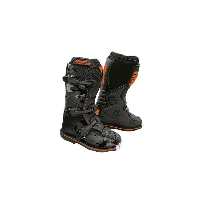 Detské vysoké čižmy na motocykel Shot K10 2.0 čierno-camo-fluo oranžové výpredaj