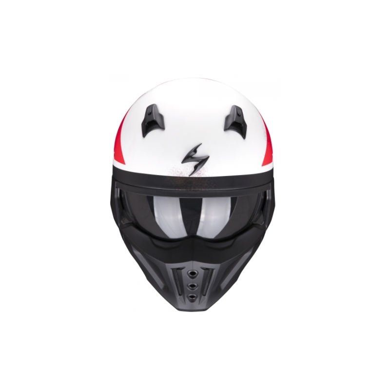 Otvorená prilba s maskou Scorpion COVERT-X T-TRUST bielo-červeno-čierna