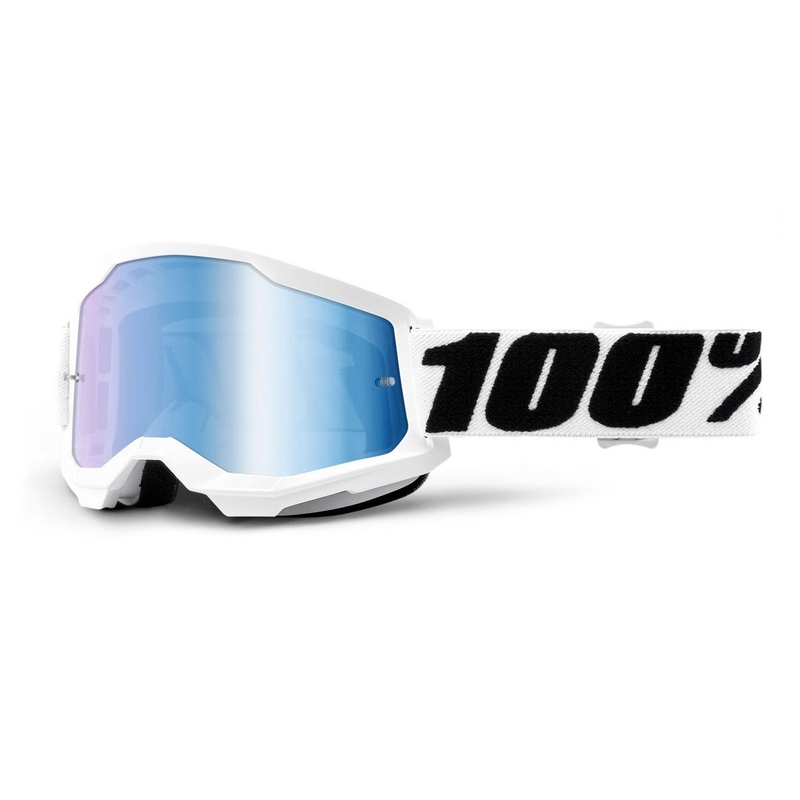 Motokrosové okuliare 100% STRATA 2 biele (modré zrkadlové plexi)