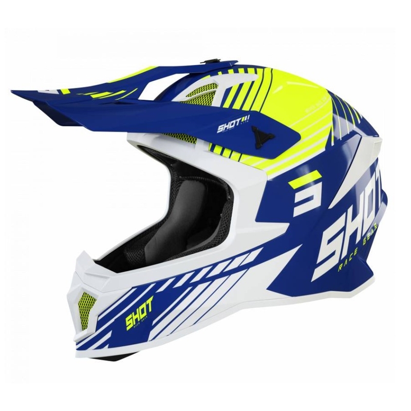 Motokrosová prilba Shot Lite Fury bielo-modro-fluorescenčno žltá výpredaj