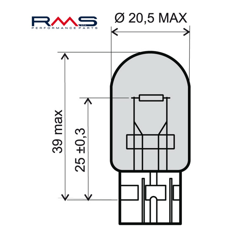 Žiarovka RMS 12V 21W, T20 biela