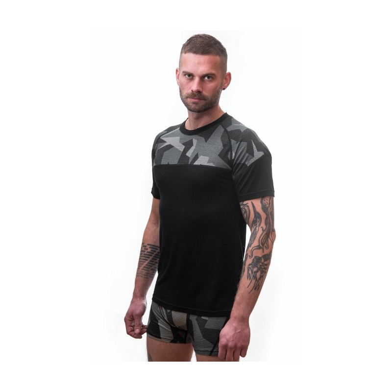 Pánske termo tričko Sensor Merino Impress čierno-maskáčové - krátky rukáv výpredaj