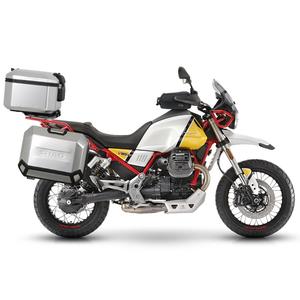 Kompletná sada hliníkových kufrov SHAD TERRA, 37 litrový vrchný kufor, 36/47 litrový bočné kufre, vrátane montážnej sady a platni SHAD MOTO GUZZI V 85 TT