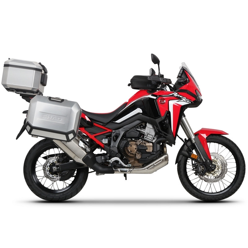 Kompletná sada hliníkových kufrov SHAD TERRA, 48 litrový vrchný kufor, 36/47 litrový bočné kufre, vrátane montážnej sady a platni SHAD HONDA CRF 1100 Africa Twin