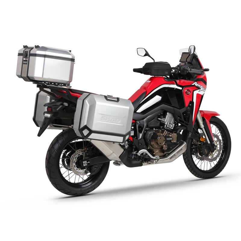 Kompletná sada hliníkových kufrov SHAD TERRA, 48 litrový vrchný kufor, 36/47 litrový bočné kufre, vrátane montážnej sady a platni SHAD HONDA CRF 1100 Africa Twin