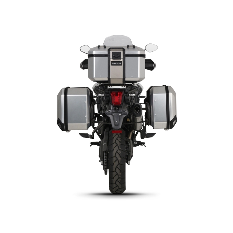 Kompletná sada hliníkových kufrov SHAD TERRA, 48 litrový vrchný kufor, 36/47 litrový bočné kufre, vrátane montážnej sady a platni SHAD TRIUMPH Tiger 800