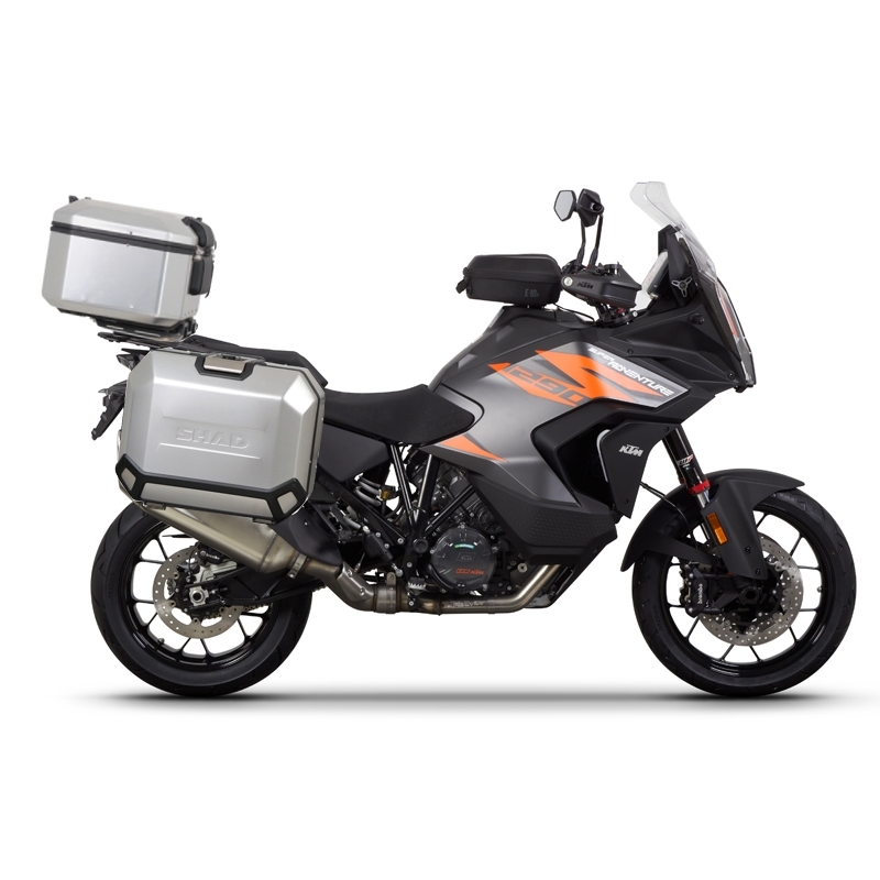 Kompletná sada hliníkových kufrov SHAD TERRA, 37 litrový vrchný kufor, 36/47 litrový bočné kufre, vrátane montážnej sady a platni SHAD KTM Super Adventure 1290 (R, S)