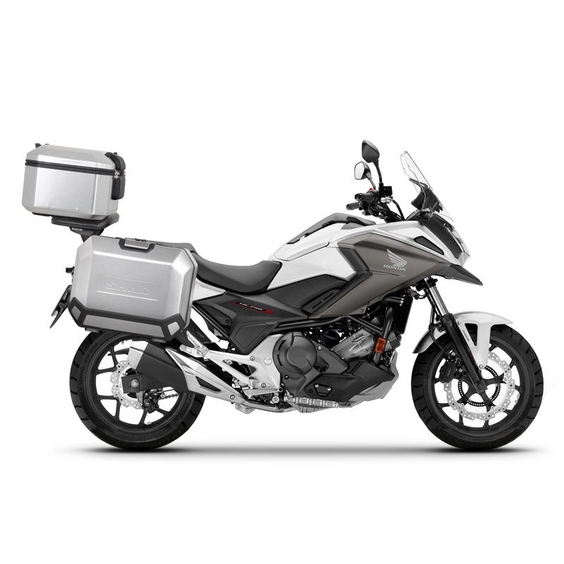 Kompletná sada hliníkových kufrov SHAD TERRA, 48 litrový vrchný kufor, 36/36 litrový bočné kufre, vrátane montážnej sady a platni SHAD HONDA NC 750 X