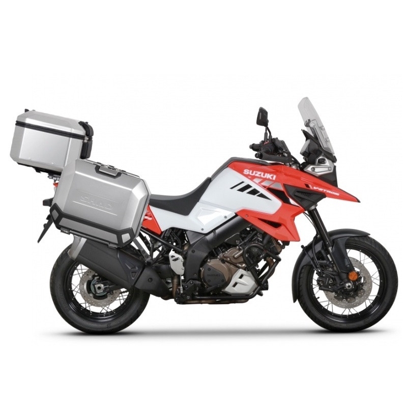 Kompletná sada hliníkových kufrov SHAD TERRA, 48 litrový vrchný kufor, 47/47 litrový bočné kufre, vrátane montážnej sady a platni SHAD SUZUKI DL 1000 V-Strom/ DL 1050 V-Strom
