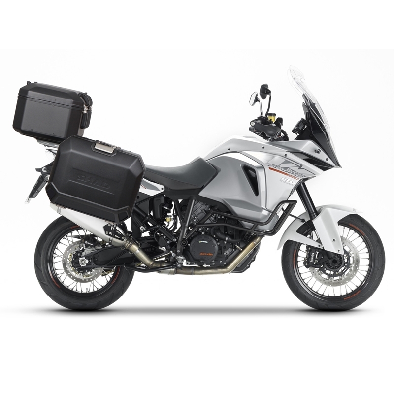 Kompletná sada bočných čiernych hliníkových kufrov SHAD TERRA BLACK , 36/47 l litrov, vrátane montážnej sady SHAD KTM Adventure 1090, 1190, Super Adventure 1290 (R, S)