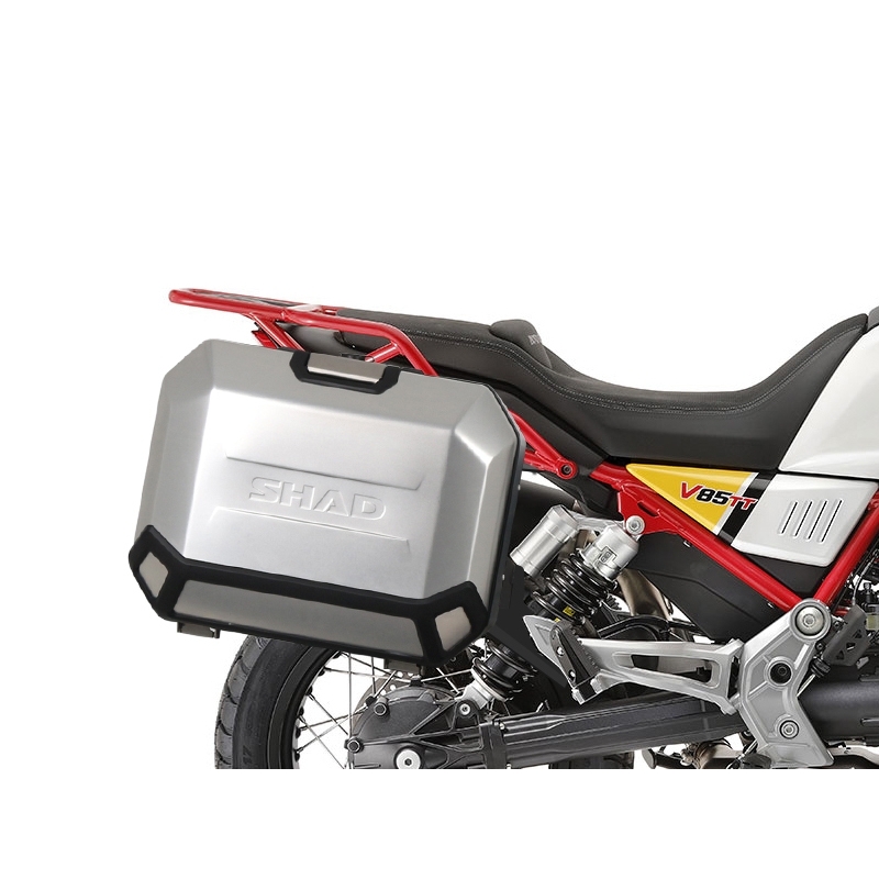 Kompletná sada bočných čiernych hliníkových kufrov SHAD TERRA BLACK , 36/47 l litrov, vrátane montážnej sady SHAD MOTO GUZZI V 85 TT