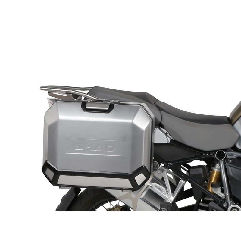 Kompletná sada bočných čiernych hliníkových kufrov SHAD TERRA BLACK , 36/47 l litrov, vrátane montážnej sady SHAD BMW R 1200 GS/ R 1200 GS Adventure/ R 1250 GS/ R 1250 GS Adventure