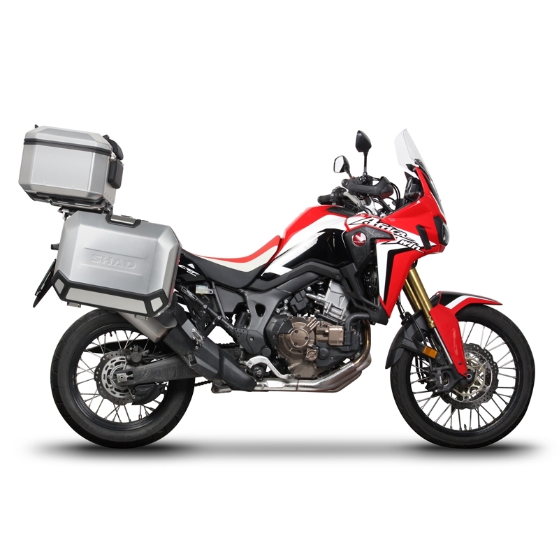 Kompletná sada čiernych hliníkových kufrov SHAD TERRA BLACK , 37 litrov vrchný kufor, 36/47 litrov bočné kufre, vrátane montážnej sady a platni SHAD HONDA CRF 1000 Africa Twin