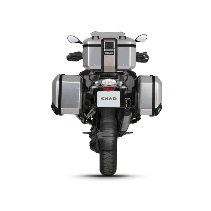 Kompletná sada čiernych hliníkových kufrov SHAD TERRA BLACK , 48 litrov vrchný kufor, 36/47 litrov bočné kufre, vrátane montážnej sady a platni SHAD R 1200 GS Adventure/ R 1250 GS Adventure