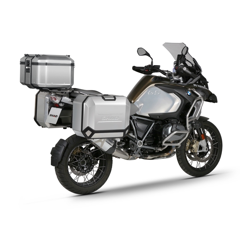Kompletná sada čiernych hliníkových kufrov SHAD TERRA BLACK , 48 litrov vrchný kufor, 36/47 litrov bočné kufre, vrátane montážnej sady a platni SHAD R 1200 GS Adventure/ R 1250 GS Adventure