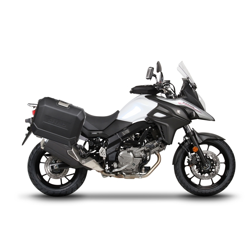 Kompletná sada bočných čiernych hliníkových kufrov SHAD TERRA BLACK , 47/47 litrov bočné kufre, vrátane montážnej sady SHAD SUZUKI DL 650 V-Strom