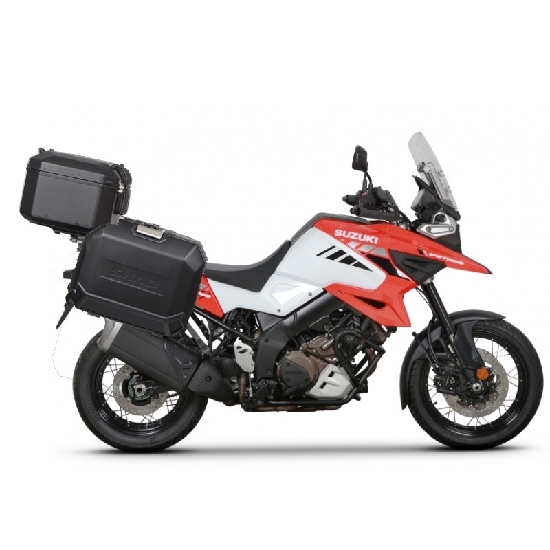 Kompletná sada čiernych hliníkových kufrov SHAD TERRA BLACK , 48 litrov vrchný kufor, 47/47 litrov bočné kufre, vrátane montážnej sady a platni SHAD SUZUKI DL 1000 V-Strom/ DL 1050 V-Strom