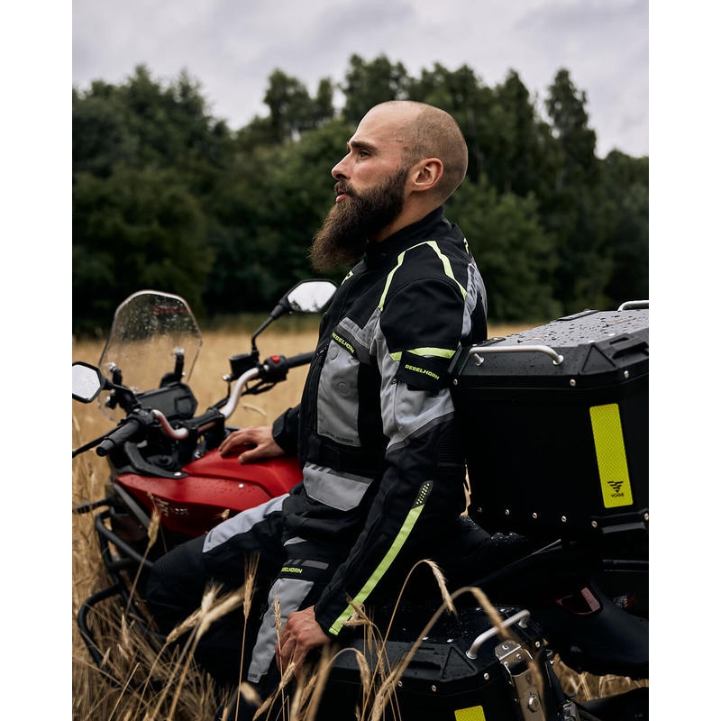Bunda na motocykel Rebelhorn Cubby IV čierno-šedo-fluo žltá výpredaj