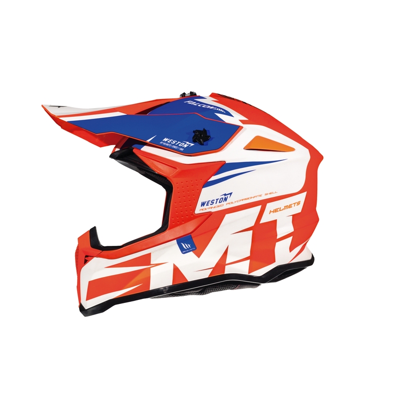 Motokrosová prilba MT Falcon Weston bielo-modrá-fluo oranžová