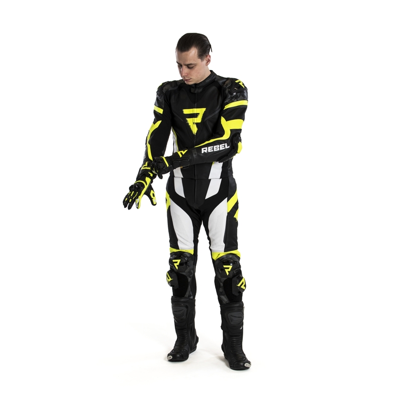 Kombinéza na motocykel Rebelhorn Rebel čierno-bielo-fluo žltá výpredaj