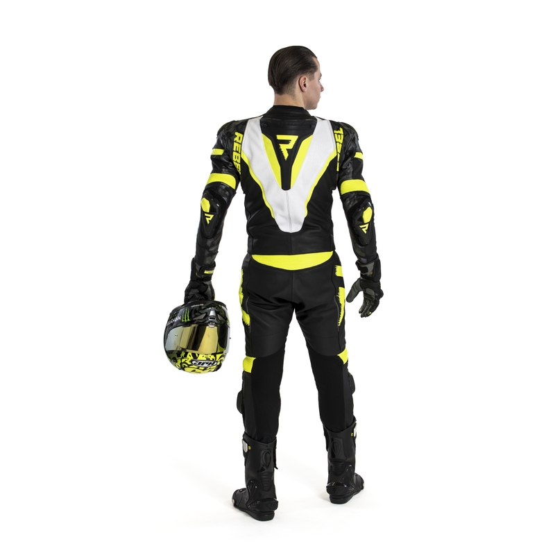 Kombinéza na motocykel Rebelhorn Rebel čierno-bielo-fluo žltá výpredaj