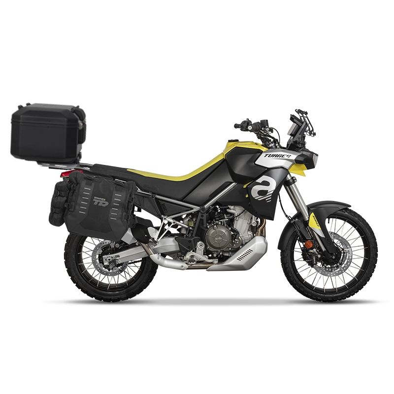 Kompletná sada sedlových brašní SHAD TERRA TR40 adventure a hliníkového kufra SHAD TERRA BLACK 55L, vrátane montážnej sady SHAD Aprilia Tuareg 660