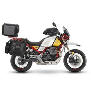 Kompletná sada sedlových brašní SHAD TERRA TR40 adventure a hliníkového vrchného kufra SHAD TERRA BLACK 48L vrátane montážnej sady SHAD MOTO GUZZI V 85 TT