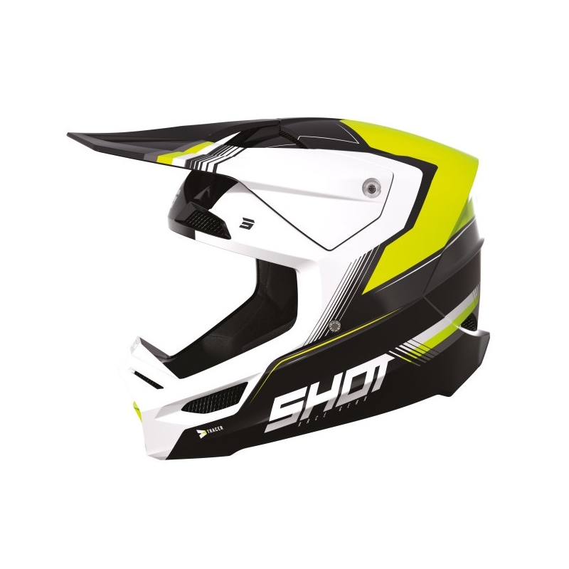 Motokrosová prilba Shot Race Tracer bielo-čierno-fluorescenčno žltá výpredaj