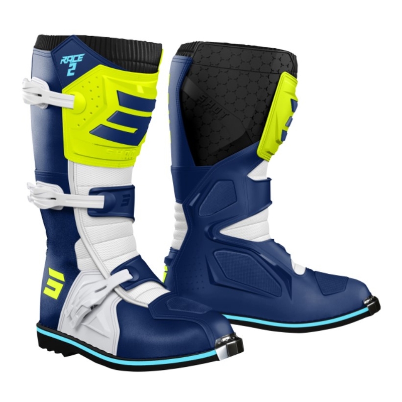 Detské vysoké čižmy na motocykel Shot Race 2 modro-bielo-fluo žlté