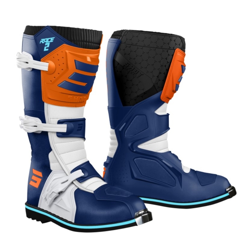 Detské vysoké čižmy na motocykel Shot Race 2 modro-bielo-oranžové