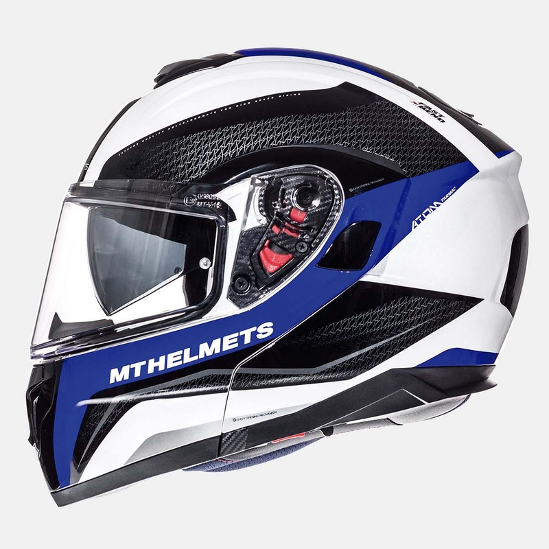 Odklápacia prilba na motocykel MT Atom Tarmac bielo-čierno-modrá - II. akosť