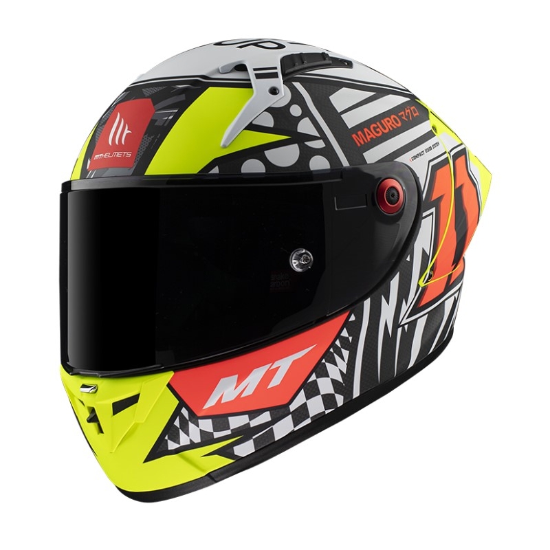 MT KRE+ Carbon Sergio Garcia A3 čierno-bielo-červeno-fluo žltá integrálna motocyklová prilba