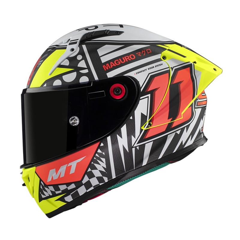 MT KRE+ Carbon Sergio Garcia A3 čierno-bielo-červeno-fluo žltá integrálna motocyklová prilba