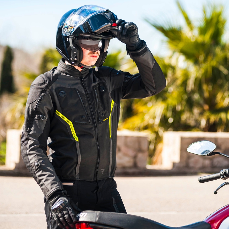 Bunda na motocykel Rebelhorn Borg čierno-tmavo šedo-fluorescenčno žltá