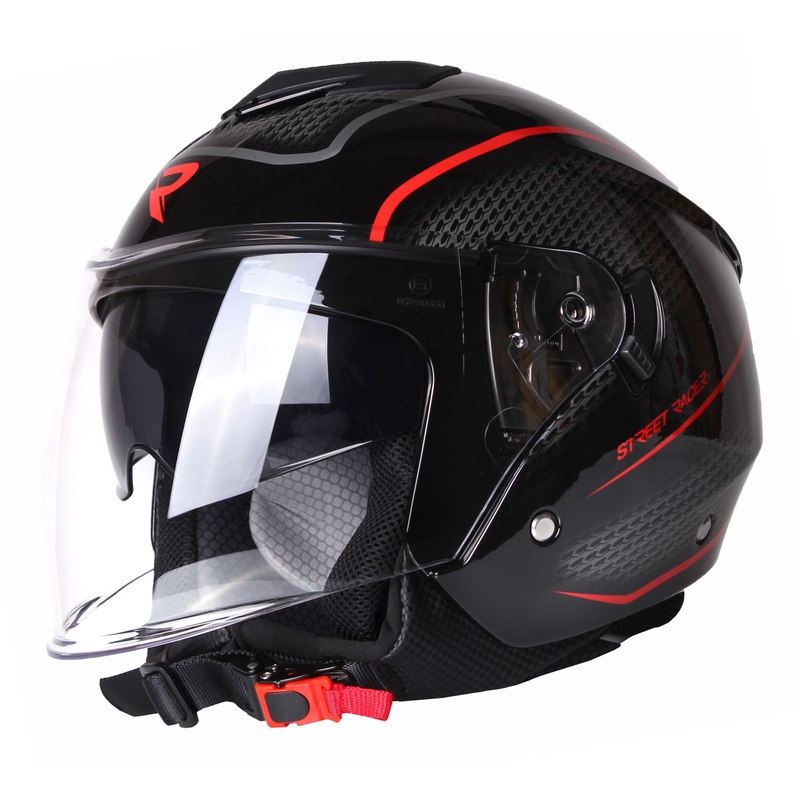 Otvorená prilba na motocykel Street Racer Pilot čierno-červená - II. akosť
