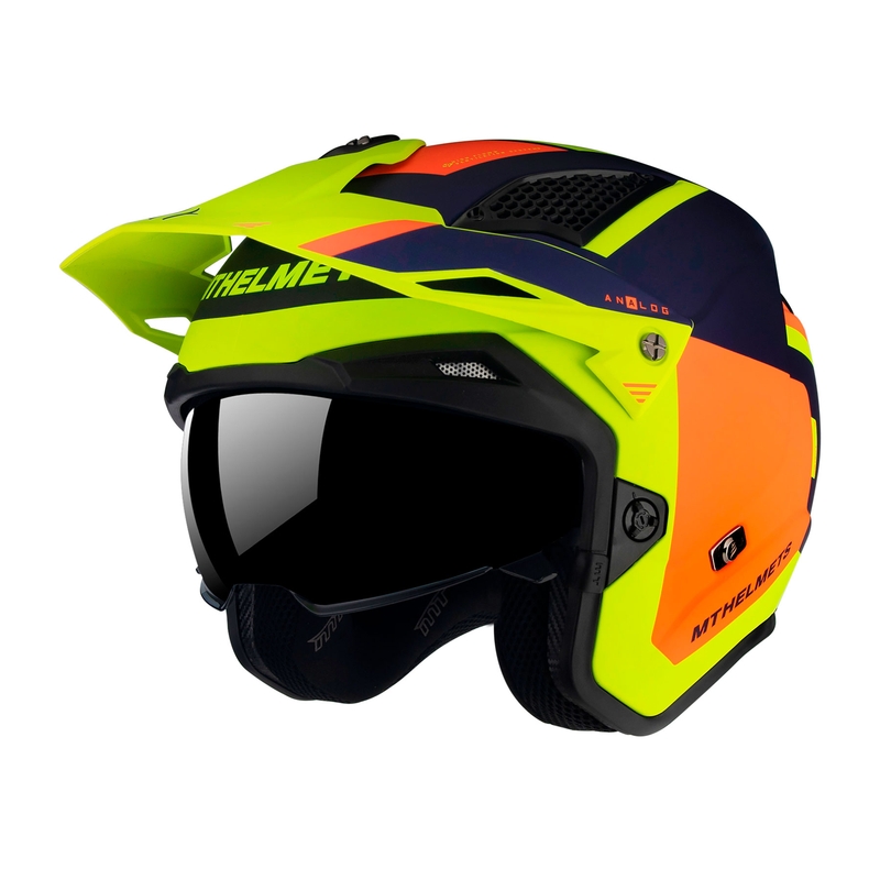Otvorená trialová prilba na motocykel MT District SV Analog D27 modro-oranžovo-fluorescenčno žltá