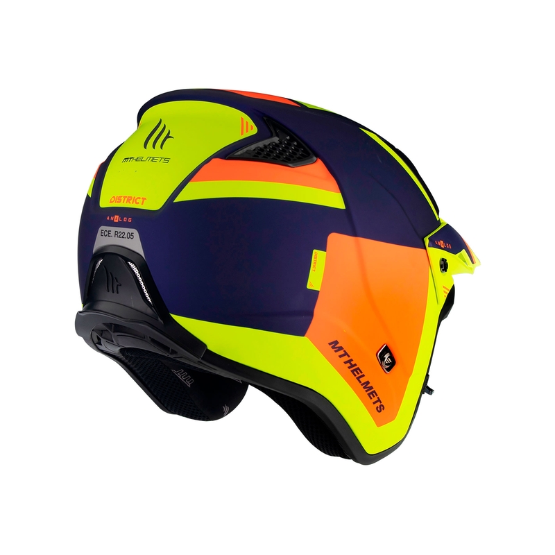 Otvorená trialová prilba na motocykel MT District SV Analog D27 modro-oranžovo-fluorescenčno žltá