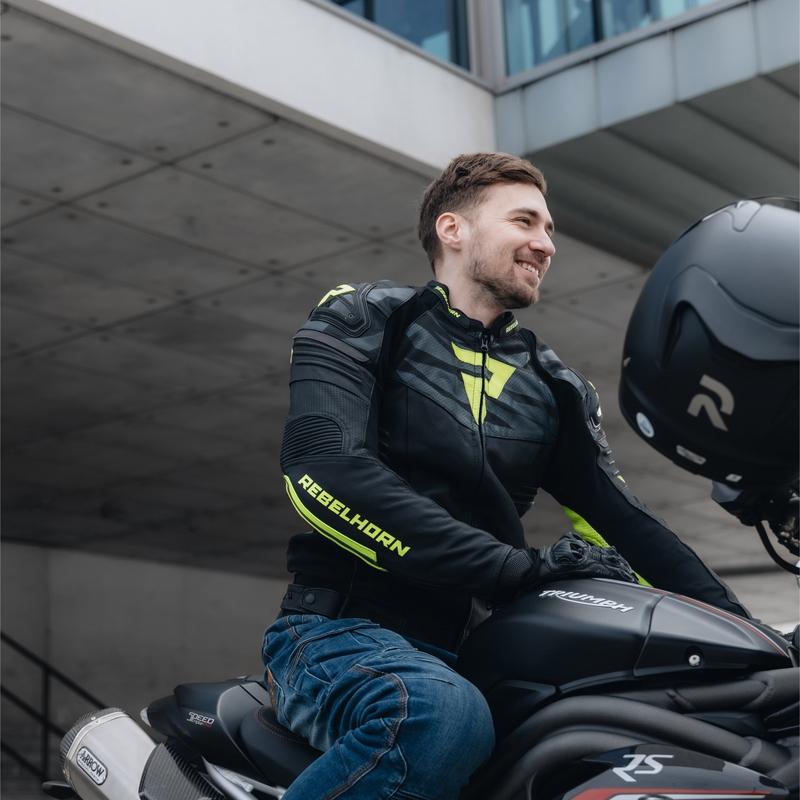 Kožená bunda na motocykel Rebelhorn Vandal čierno-fluorescenčno žltá výpredaj
