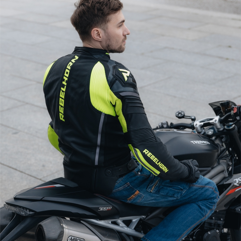 Kožená bunda na motocykel Rebelhorn Vandal čierno-fluorescenčno žltá výpredaj