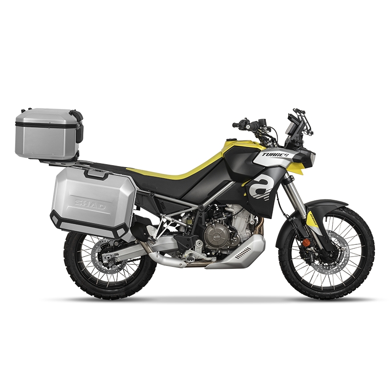 Kompletná sada hliníkových kufrov SHAD TERRA, 48 litrový vrchný kufor, 47/47 litrový bočné kufre, vrátane montážnej sady a platni SHAD Aprilia Tuareg 660