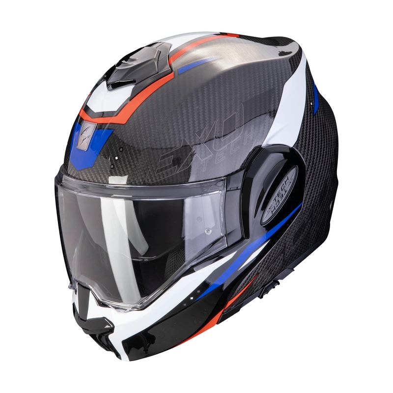 Preklápacia prilba na motocykel Scorpion EXO-TECH EVO CARBON ROVER čierno-červeno-modrá výpredaj