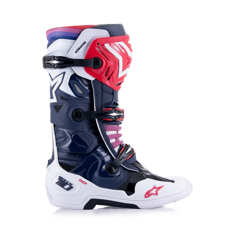 Topánky na motorku Alpinestars Tech 10 Supervented 2024 perforované tmavo modro-bielo-červeno-fialové