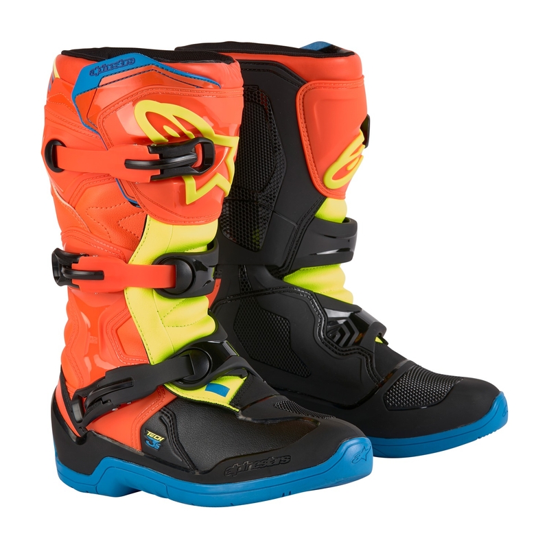 Detské čižmy na motocykel Alpinestars Tech 3S Youth 2024 oranžovo fluorescenčno-modro-fluorescenčno žlto-čierne