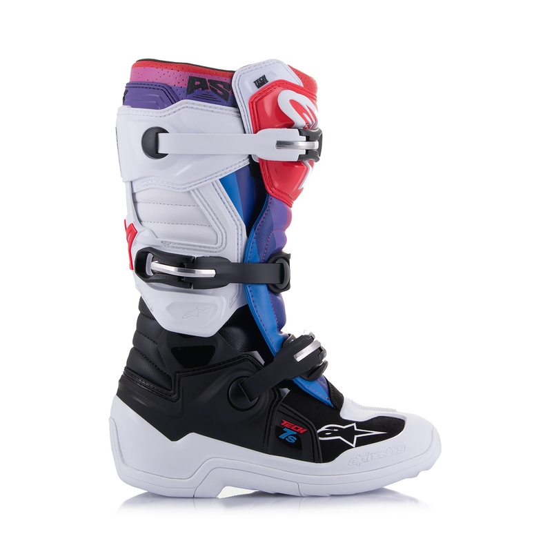 Detské motokrosové topánky Alpinestars Tech 7 S bielo-čierno-červeno-modro-fialové