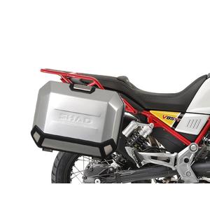 Kompletná sada bočných hliníkových kufrov SHAD TERRA, 36/47 litrový bočné kufre, vrátane montážnej sady SHAD MOTO GUZZI V 85 TT