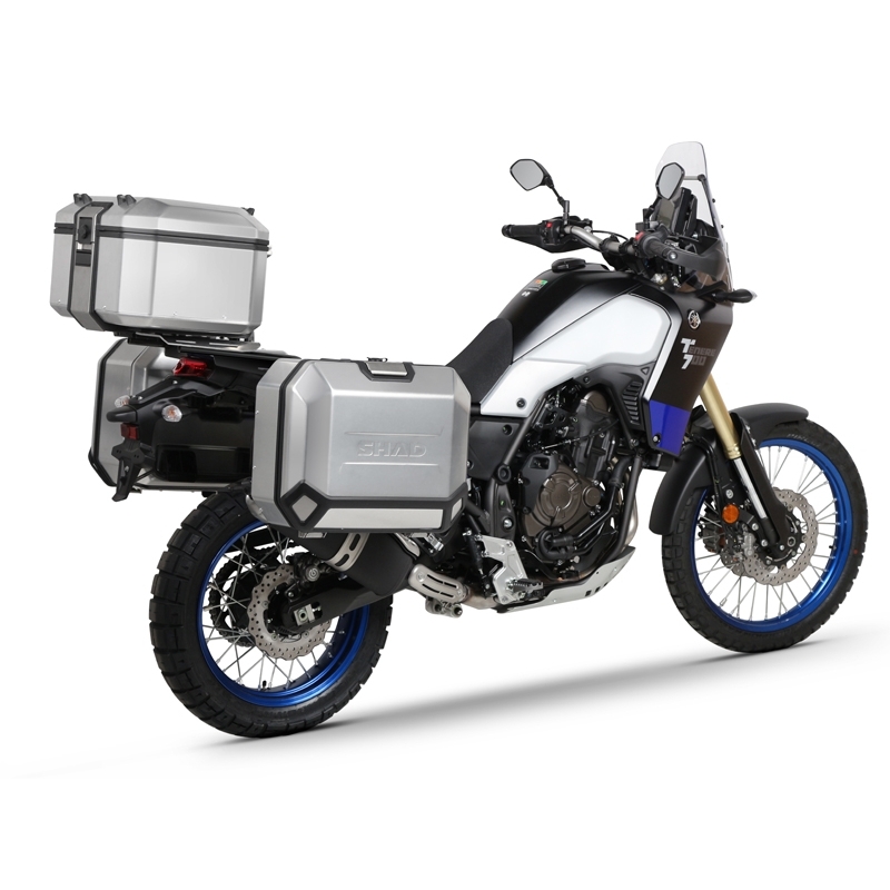 Kompletná sada hliníkových kufrov SHAD TERRA, 48 litrový vrchný kufor, 36/47 litrový bočné kufre, vrátane montážnej sady a platni SHAD YAMAHA Tenere 700 XTZ690