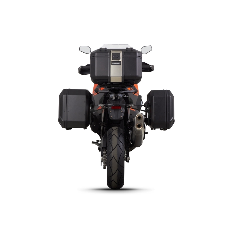 Kompletná sada hliníkových kufrov SHAD TERRA, 37 litrový vrchný kufor, 36/47 litrový bočné kufre, vrátane montážnej sady a platni SHAD KTM Super Adventure 1290 (R, S)
