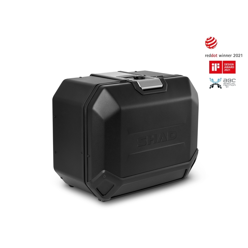 Kompletná sada bočných čiernych hliníkových kufrov SHAD TERRA BLACK , 36/47 l litrov, vrátane montážnej sady SHAD MOTO GUZZI V 85 TT