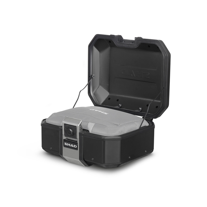 Kompletná sada čiernych hliníkových kufrov SHAD TERRA BLACK , 37 litrov vrchný kufor, 36/36 litrov bočné kufre, vrátane montážnej sady a platni SHAD SUZUKI DL 650 V-Strom