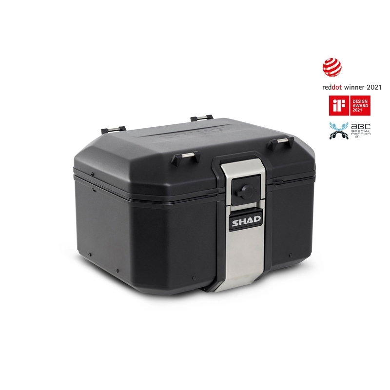 Kompletná sada čiernych hliníkových kufrov SHAD TERRA BLACK , 48 litrov vrchný kufor, 36/36 litrov bočné kufre, vrátane montážnej sady a platni SHAD HONDA NC 750 X